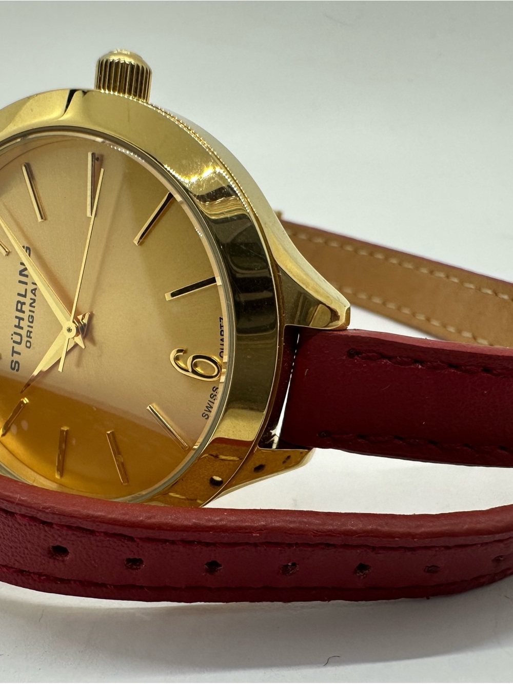 Stuhrling Original Gold Dial Watch with Red Leather Strap